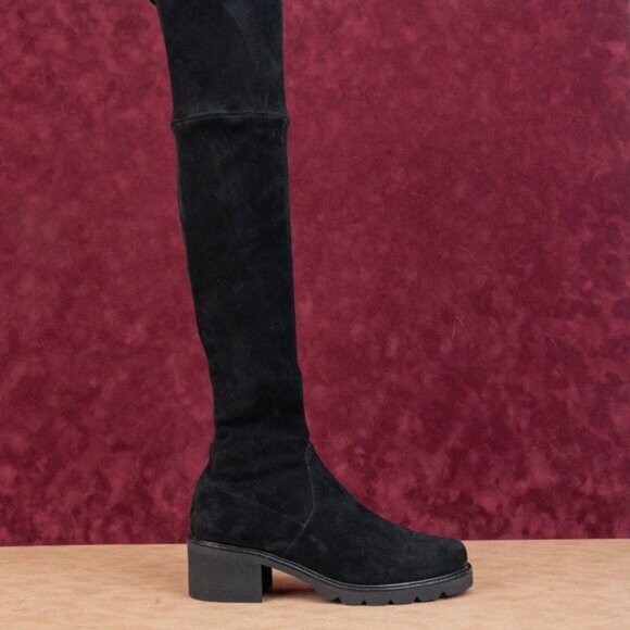 Stuart Weitzman Women Flannery Black Suede Top Tie Lace OTK Boots Size 9 - Picture 2 of 8